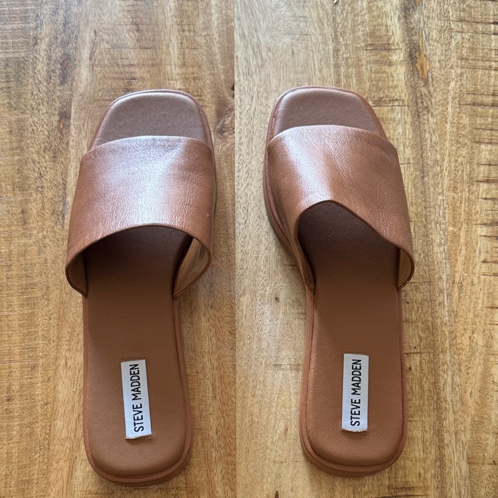 Steve Madden HOLMES leather tan Brown Slide flat sandals Mules NEW